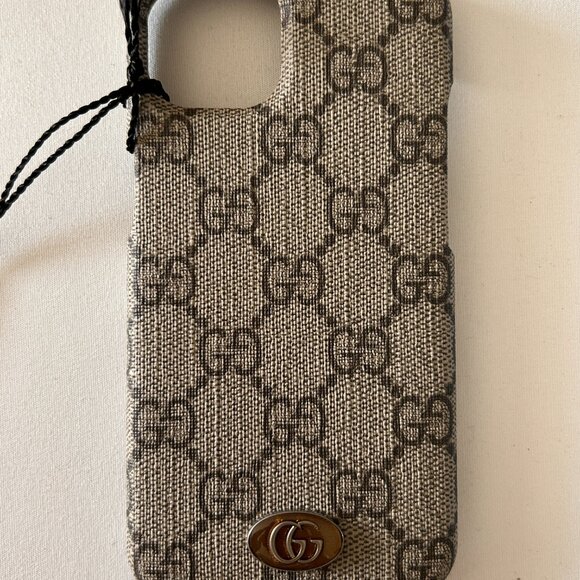 NWT Gucci GG Supreme PVC iPhone 14 Case Beige 753609 - Picture 1 of 8
